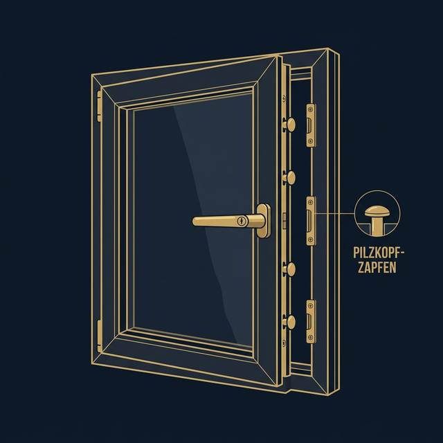Illustration eines gesicherten Fensters mit Pilzkopfzapfen-Beschlag